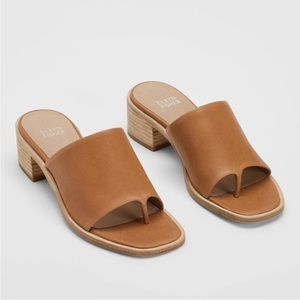 Eileen Fisher Airy Cognac Leather Block Heel Squared Toe Sandals